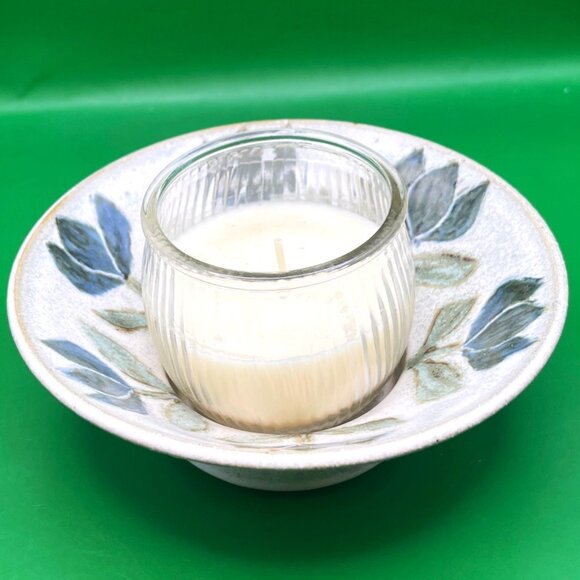 VTG Signed Studio Pottery Candle Dish 2000 Blue Floral Hand Painted Stoneware - Picture 11 of 11